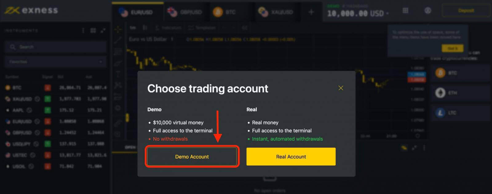 Exness-da demo hisob qaydnomasi bilan qanday ro'yxatdan o'tish va savdoni boshlash kerak